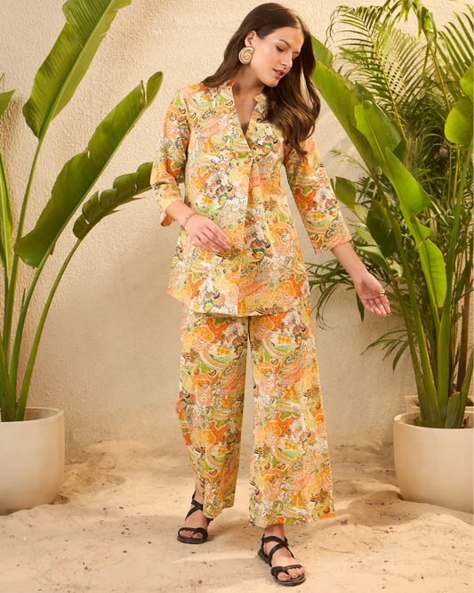 Yellow Floral Pure Cotton Mandarin Neck Top & Trouser Set