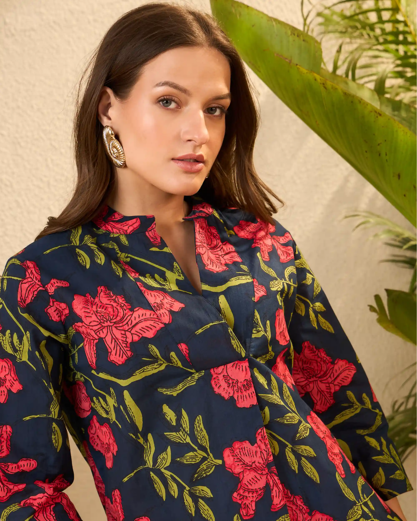 Blue & Pink Floral Pure Cotton Mandarin Neck Co-Ord Set