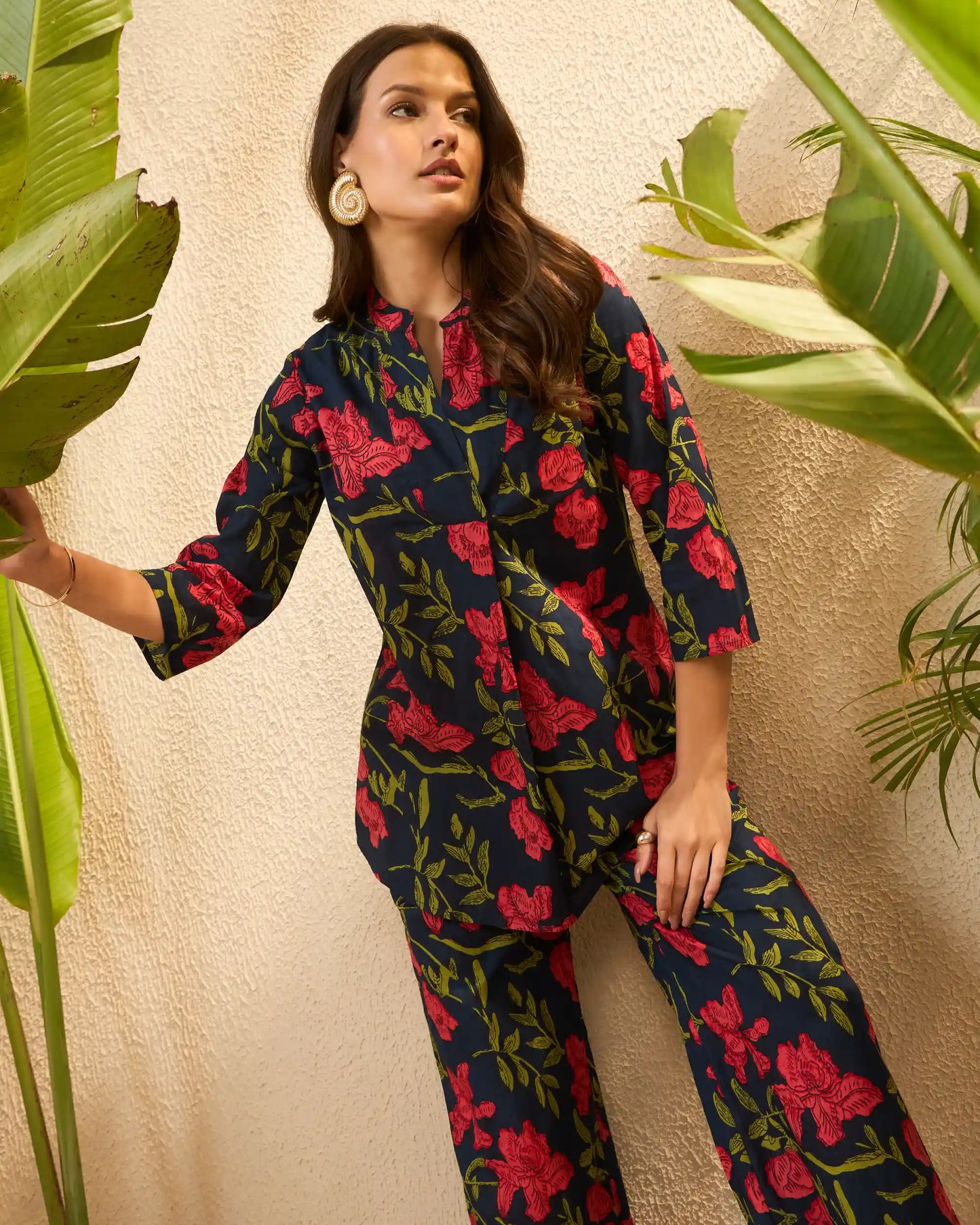 Blue & Pink Floral Pure Cotton Mandarin Neck Co-Ord Set