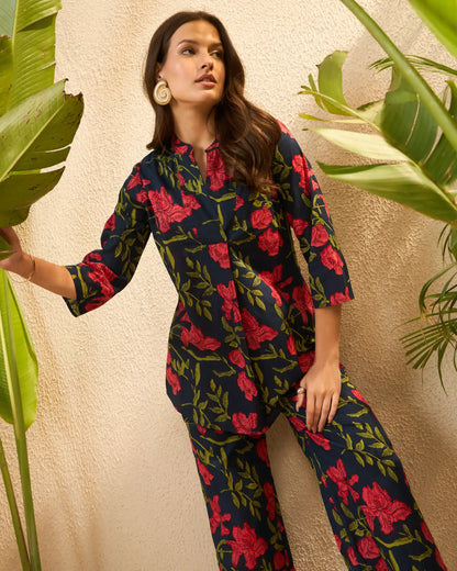 Blue & Pink Floral Pure Cotton Mandarin Neck Co-Ord Set