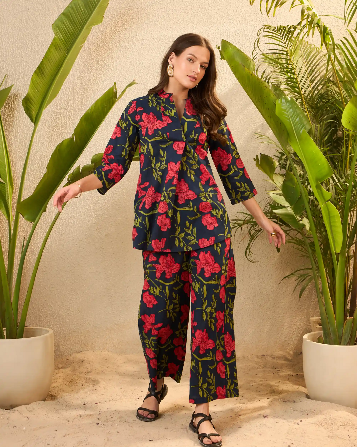 Blue & Pink Floral Pure Cotton Mandarin Neck Co-Ord Set