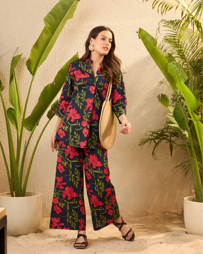 Blue & Pink Floral Pure Cotton Mandarin Neck Co-Ord Set