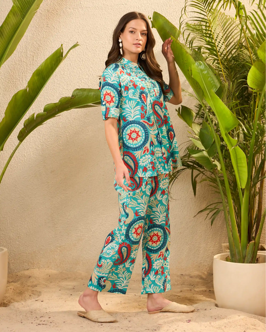 Blue Printed Pure Cotton Mandarin Neck Tunic & Trouser Set