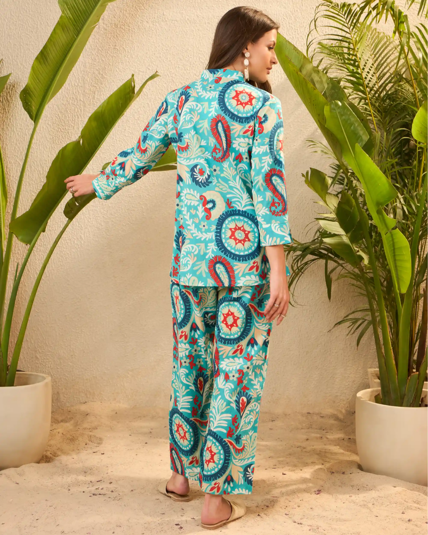 Blue Printed Pure Cotton Mandarin Neck Tunic & Trouser Set