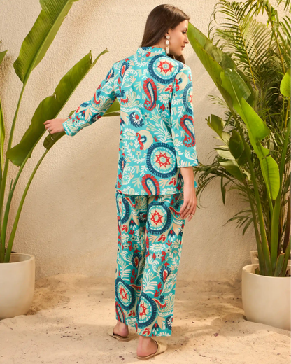 Blue Printed Pure Cotton Mandarin Neck Tunic & Trouser Set