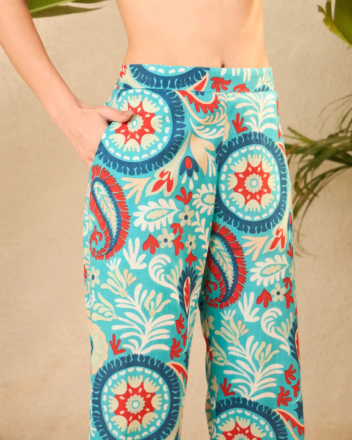 Blue Printed Pure Cotton Mandarin Neck Tunic & Trouser Set
