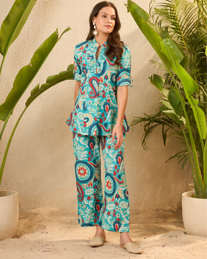 Blue Printed Pure Cotton Mandarin Neck Tunic & Trouser Set