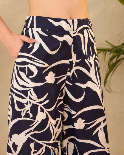 Blue & White Floral Pure Cotton Tunic & Palazzo Co-Ord Set