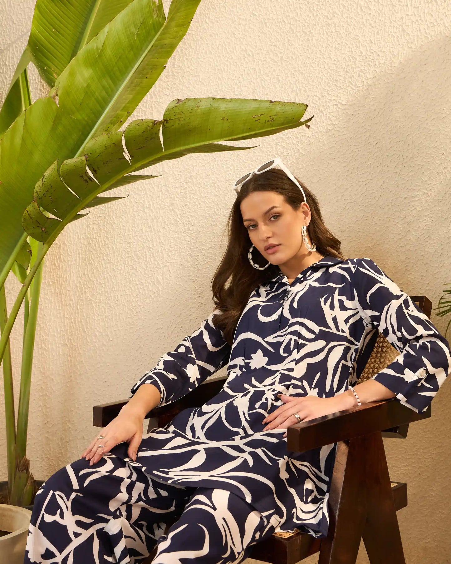 Blue & White Floral Pure Cotton Tunic & Palazzo Co-Ord Set