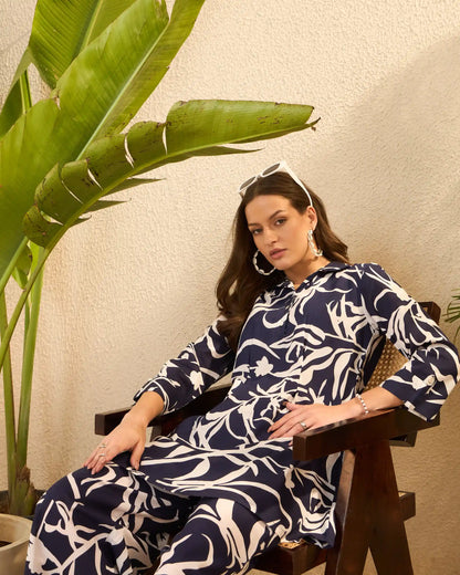 Blue & White Floral Pure Cotton Tunic & Palazzo Co-Ord Set