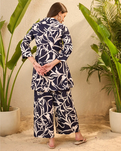 Blue & White Floral Pure Cotton Tunic & Palazzo Co-Ord Set