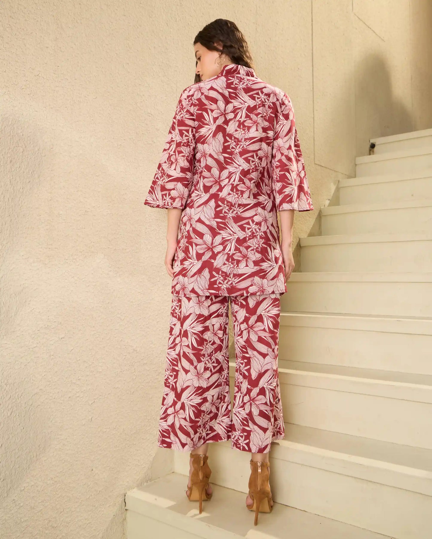 Brown Floral Pure Cotton V-Neck Top & Palazzo Co-Ord Set