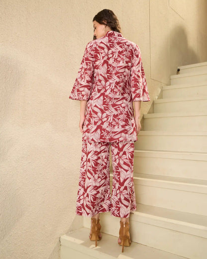 Brown Floral Pure Cotton V-Neck Top & Palazzo Co-Ord Set