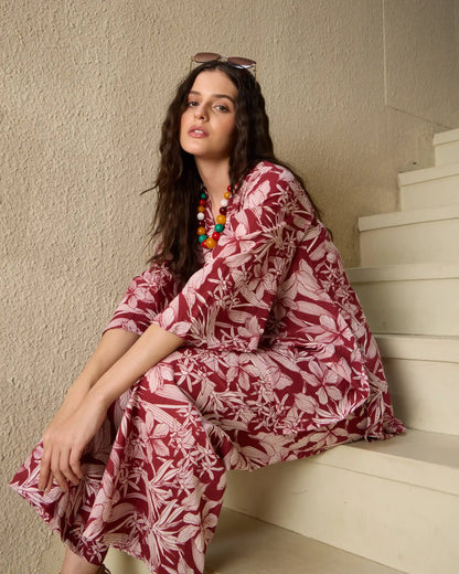 Brown Floral Pure Cotton V-Neck Top & Palazzo Co-Ord Set