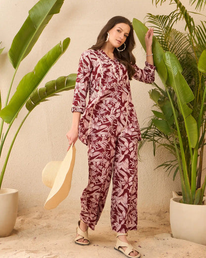 Brown Floral Pure Cotton V-Neck Top & Trouser Co-Ord Set