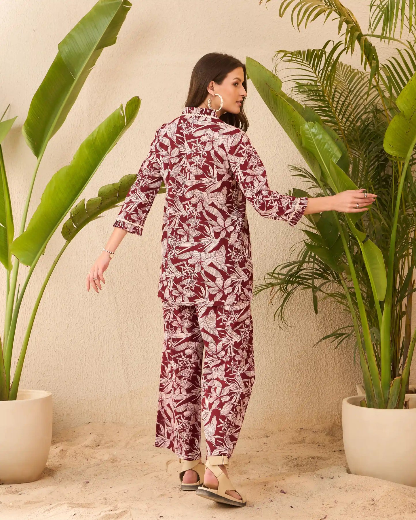 Brown Floral Pure Cotton V-Neck Top & Trouser Co-Ord Set