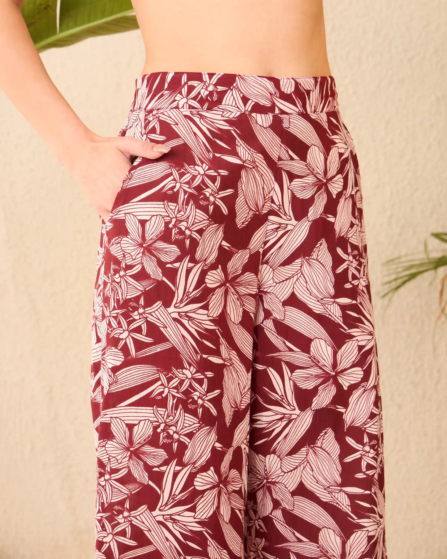 Brown Floral Pure Cotton V-Neck Top & Trouser Co-Ord Set