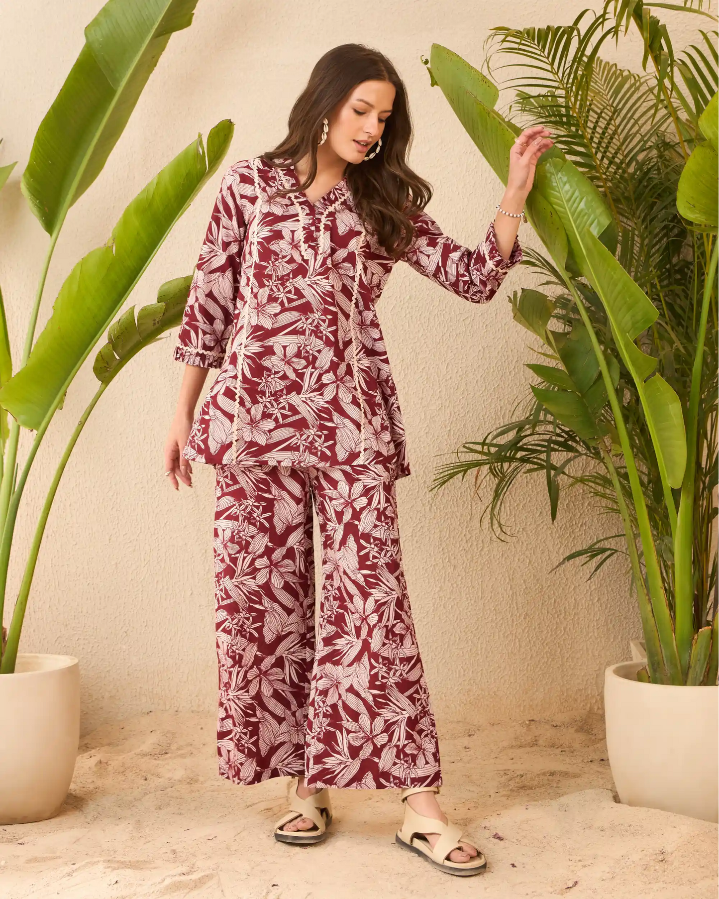 Brown Floral Pure Cotton V-Neck Top & Trouser Co-Ord Set