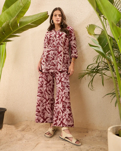 Brown Floral Pure Cotton V-Neck Top & Trouser Co-Ord Set