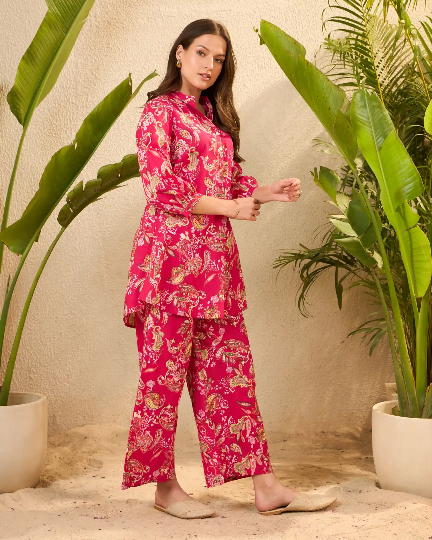 Fuchsia Paisley Floral Pure Cotton Mandarin Co-Ord Set