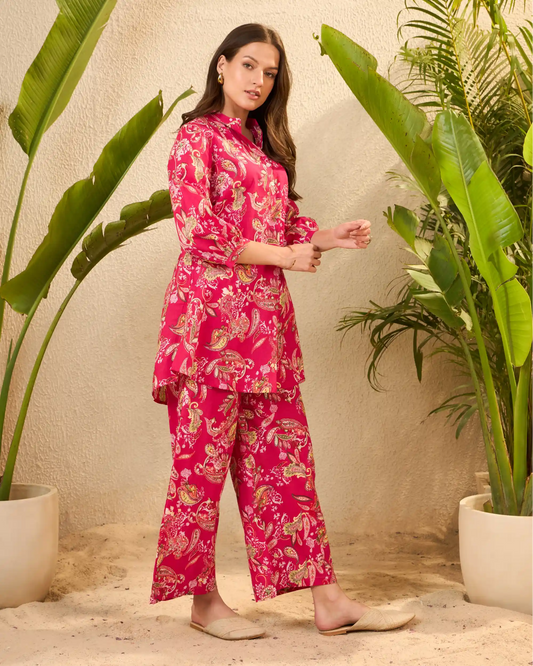 Fuchsia Paisley Floral Pure Cotton Mandarin Co-Ord Set