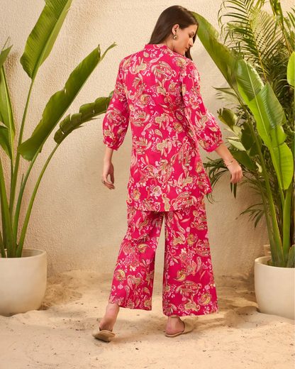 Fuchsia Paisley Floral Pure Cotton Mandarin Co-Ord Set