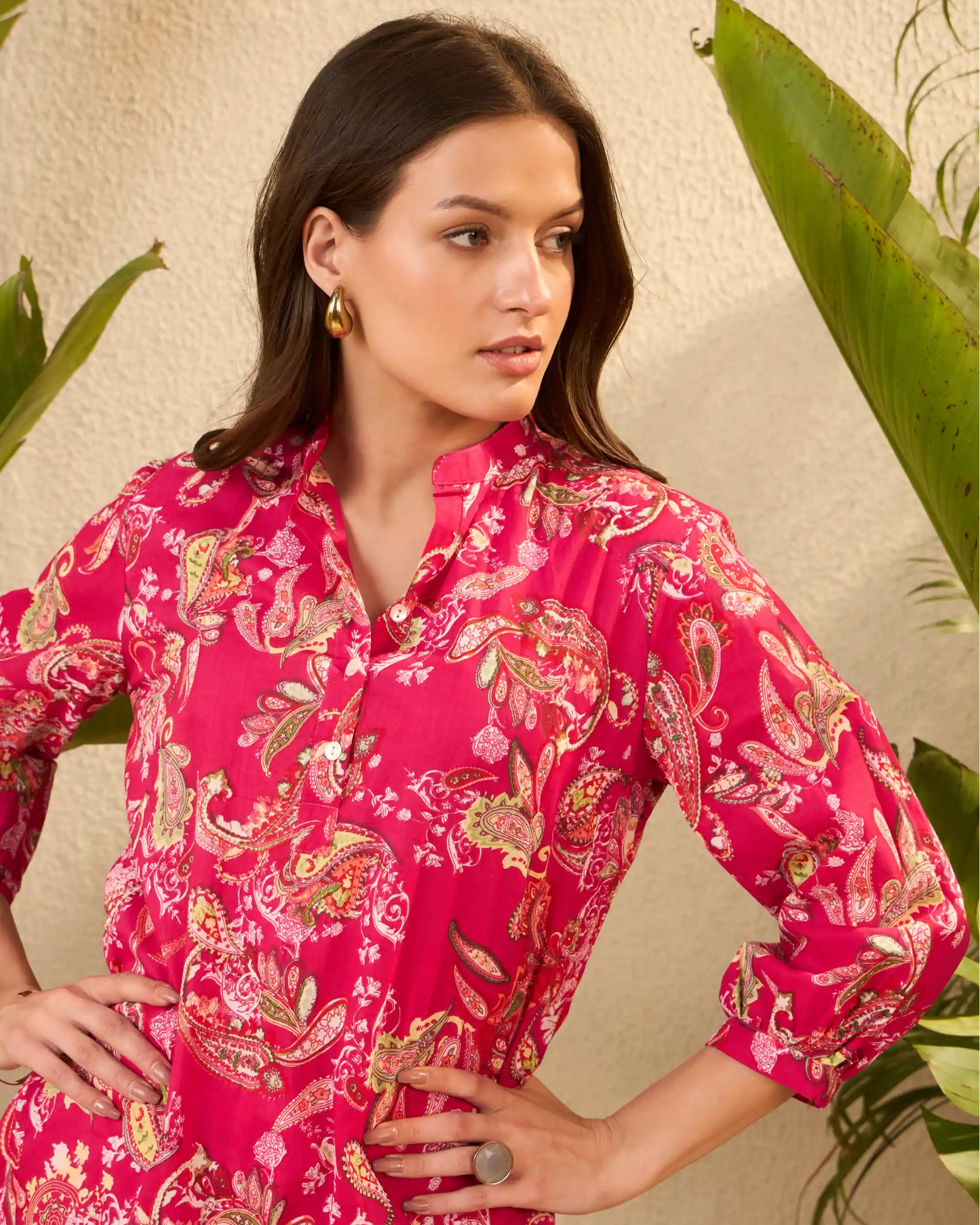 Fuchsia Paisley Floral Pure Cotton Mandarin Co-Ord Set