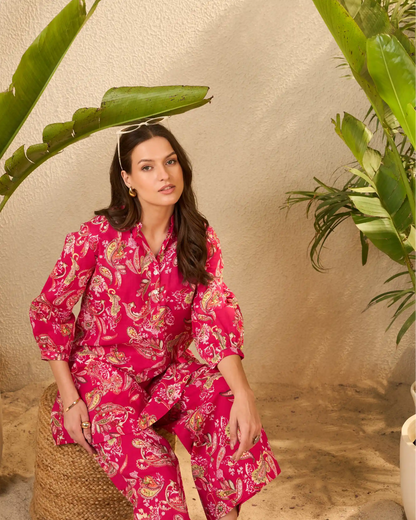 Fuchsia Paisley Floral Pure Cotton Mandarin Co-Ord Set