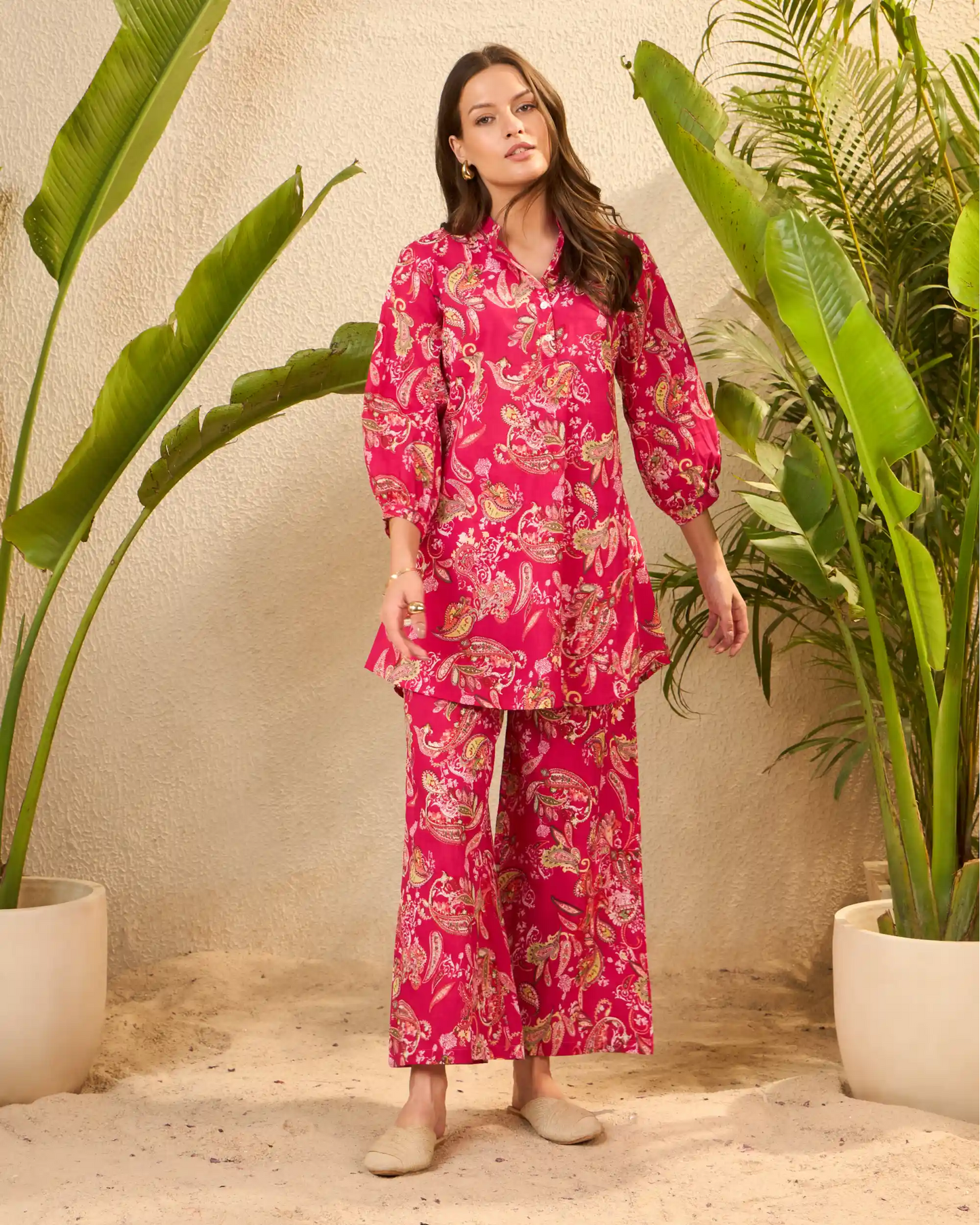 Fuchsia Paisley Floral Pure Cotton Mandarin Co-Ord Set