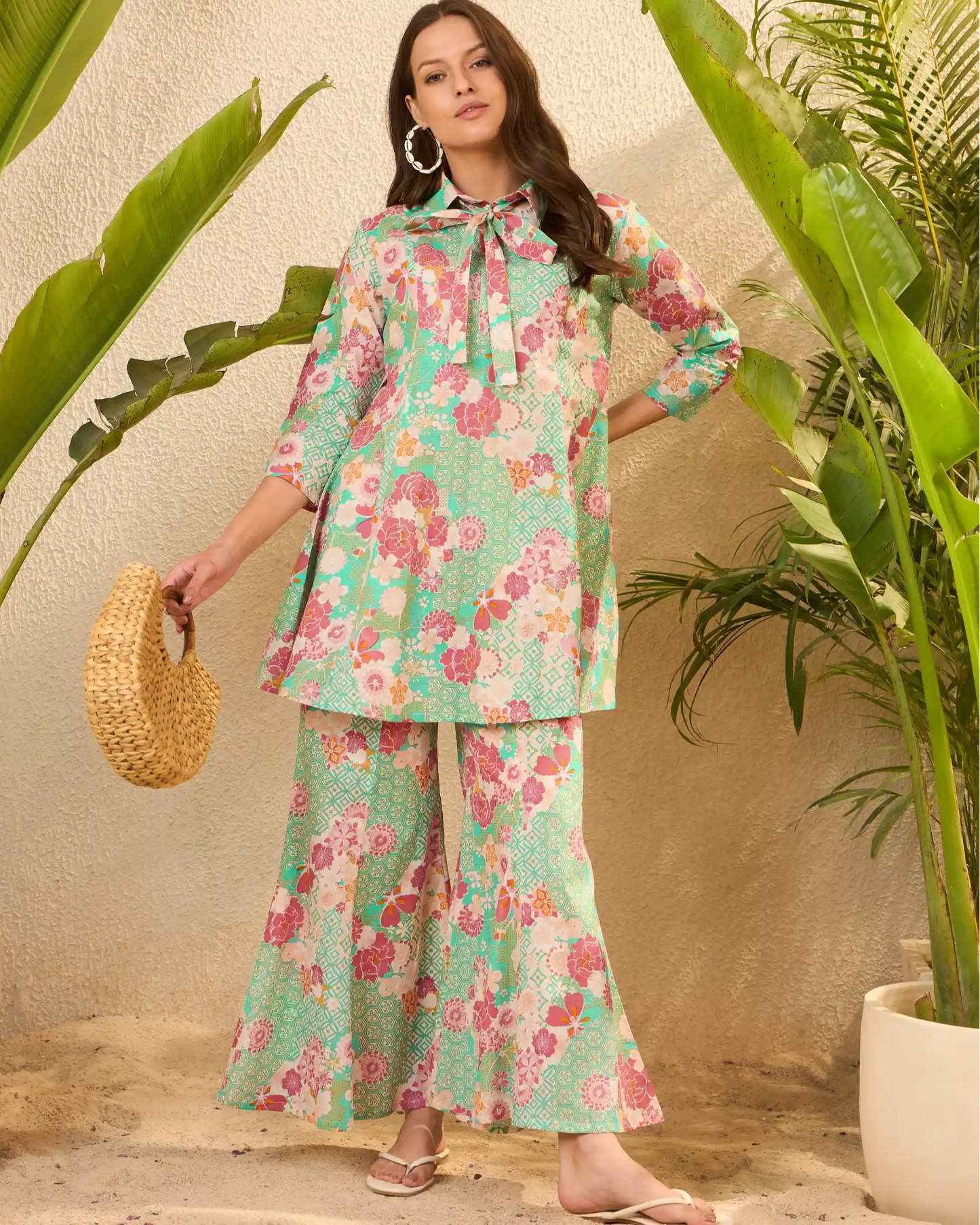 Green Floral Pure Cotton Tunic & Palazzo Co-Ord Set