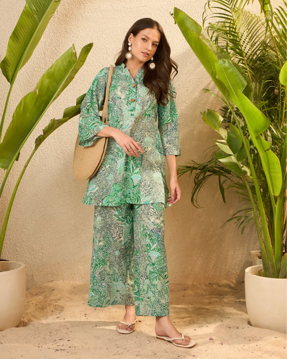IMANA Green Floral Pure Cotton Mandarin Collar Co-Ord Set