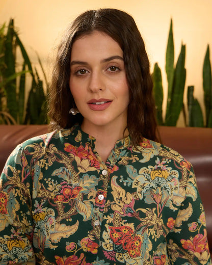 Green Floral Pure Cotton Mandarin Neck Co-Ord Set