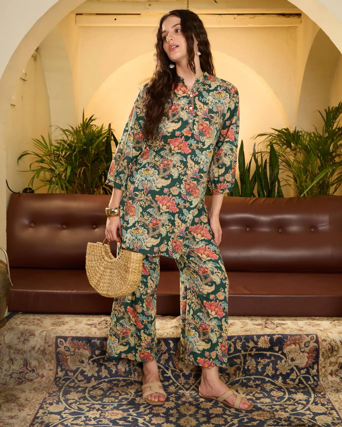 Green Floral Pure Cotton Mandarin Neck Co-Ord Set
