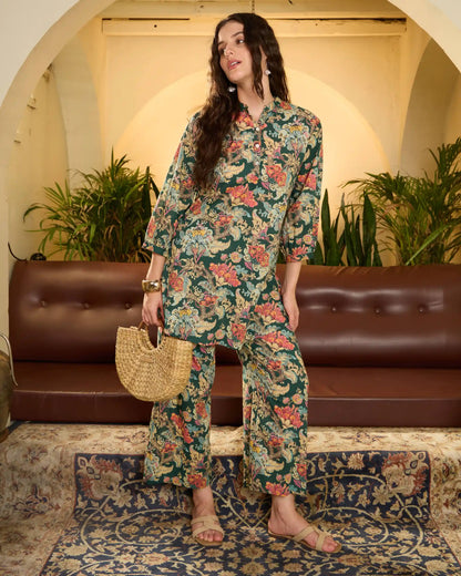 Green Floral Pure Cotton Mandarin Neck Co-Ord Set