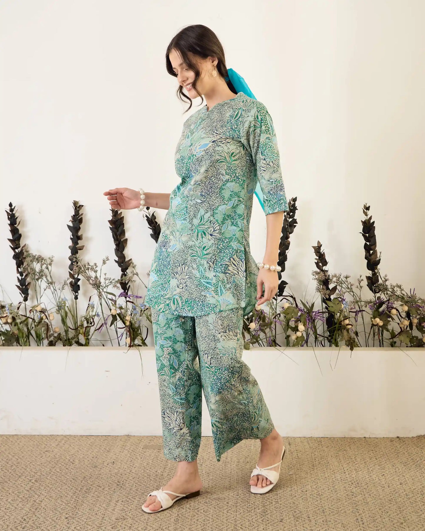 Green Floral Pure Cotton Round Neck Co-Ord Set