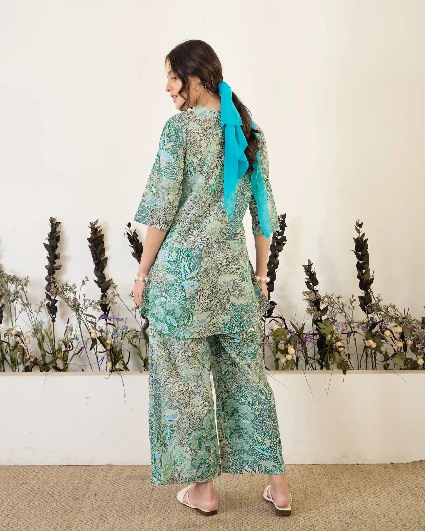 Green Floral Pure Cotton Round Neck Co-Ord Set