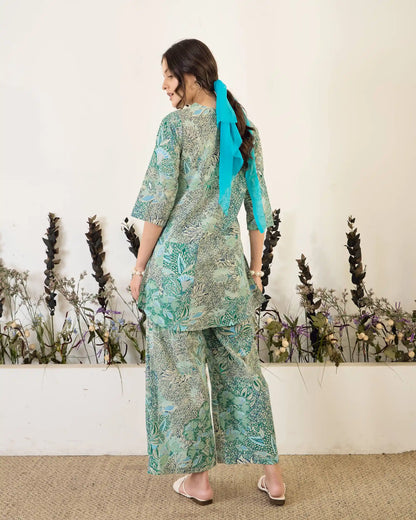 Green Floral Pure Cotton Round Neck Co-Ord Set