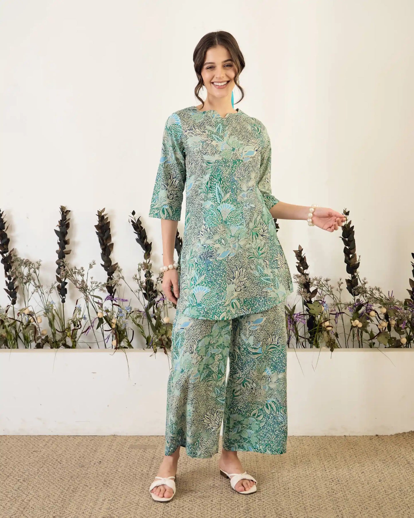 Green Floral Pure Cotton Round Neck Co-Ord Set