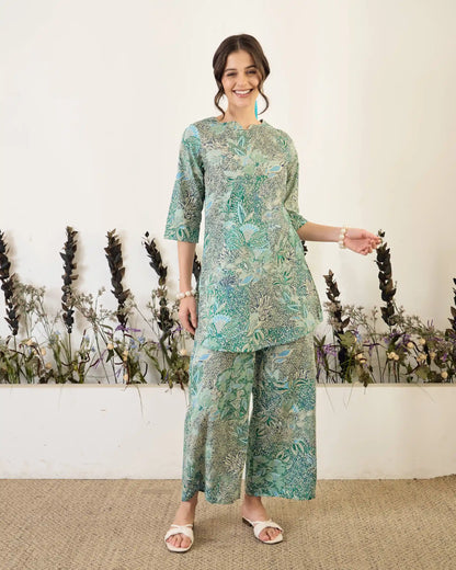 Green Floral Pure Cotton Round Neck Co-Ord Set