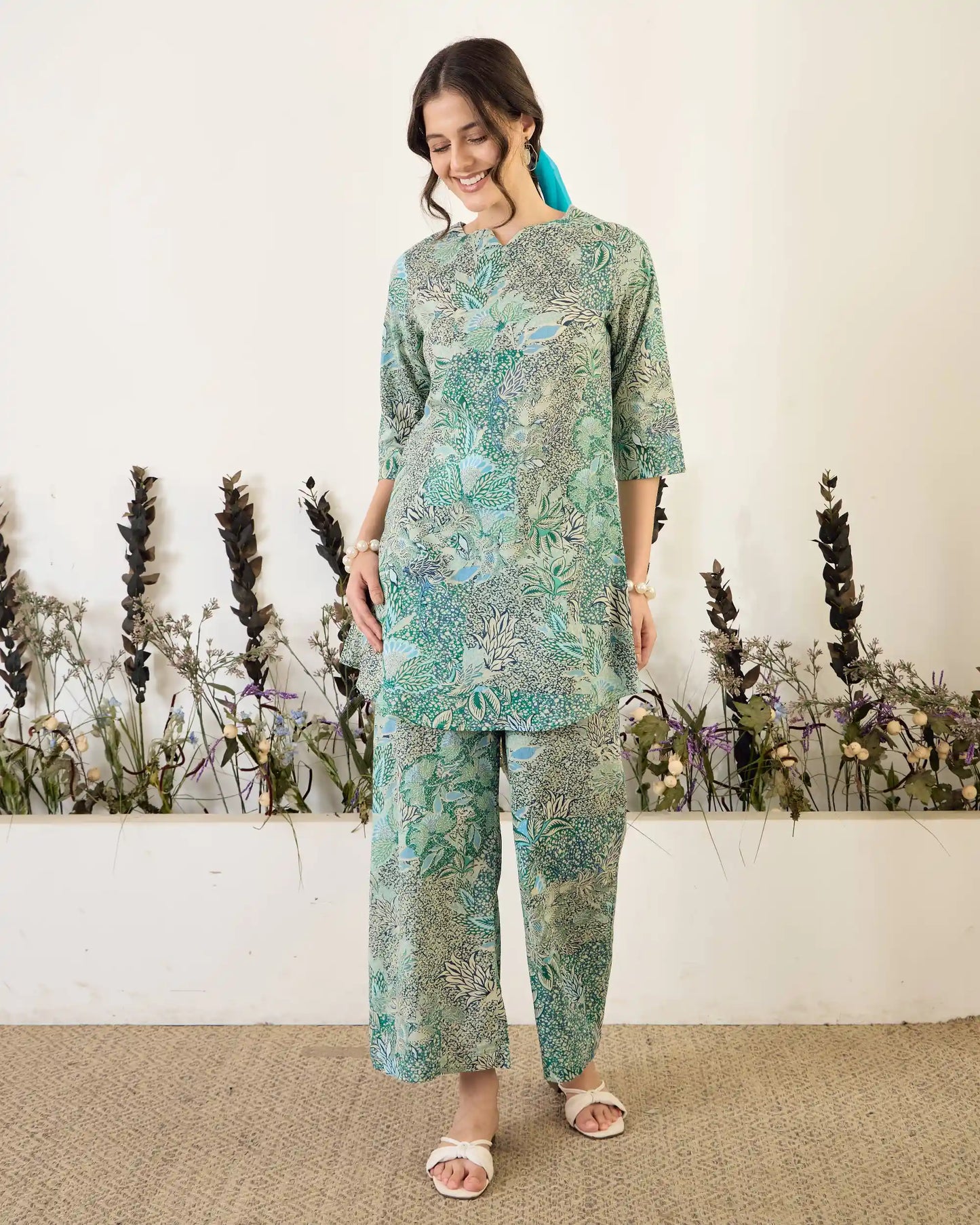 Green Floral Pure Cotton Round Neck Co-Ord Set