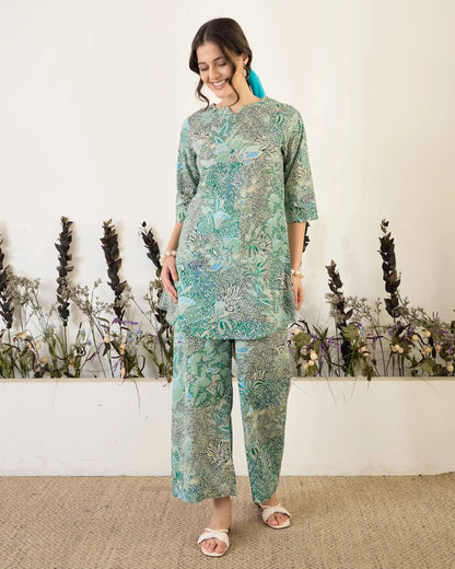 Green Floral Pure Cotton Round Neck Co-Ord Set