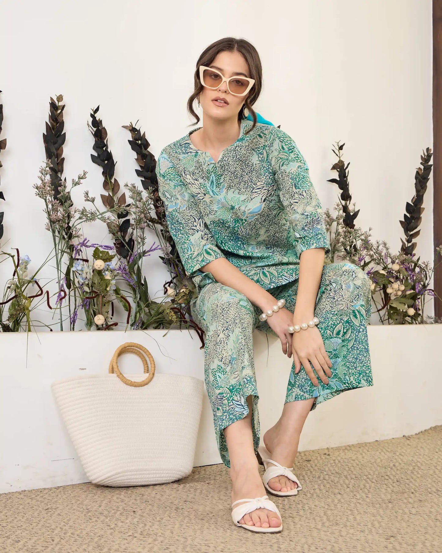 Green Floral Pure Cotton Round Neck Co-Ord Set