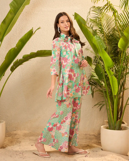 Green Floral Pure Cotton Tunic & Palazzo Co-Ord Set