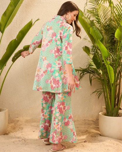Green Floral Pure Cotton Tunic & Palazzo Co-Ord Set