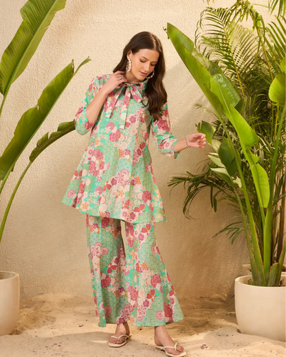 Green Floral Pure Cotton Tunic & Palazzo Co-Ord Set