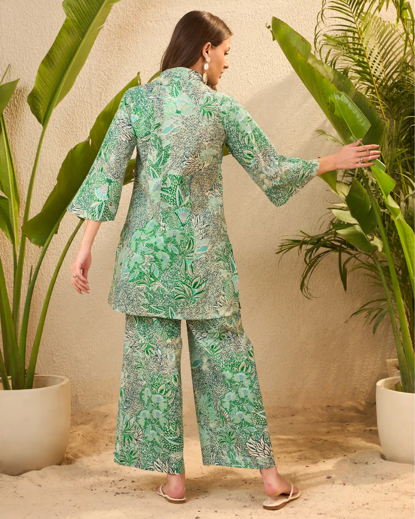 IMANA Green Floral Pure Cotton Mandarin Collar Co-Ord Set