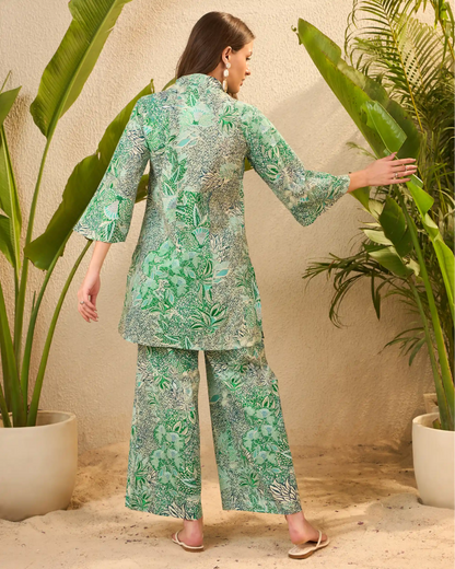 IMANA Green Floral Pure Cotton Mandarin Collar Co-Ord Set