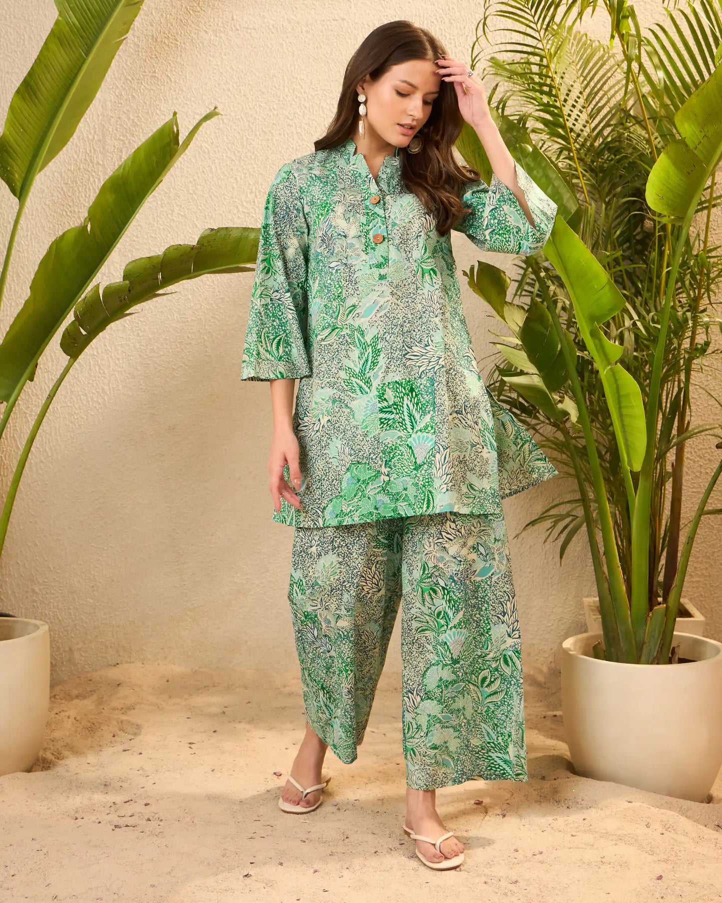 IMANA Green Floral Pure Cotton Mandarin Collar Co-Ord Set