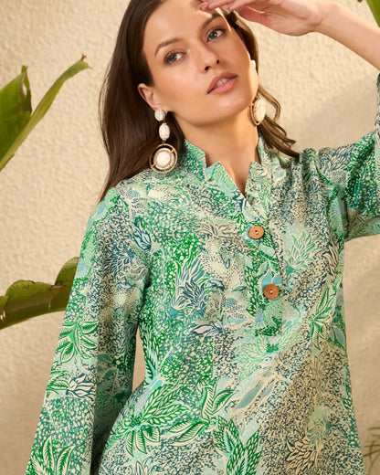 IMANA Green Floral Pure Cotton Mandarin Collar Co-Ord Set