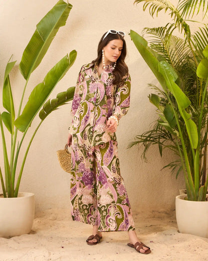 Green Paisley Printed Pure Cotton Shirt & Trousers Co-Ord Set